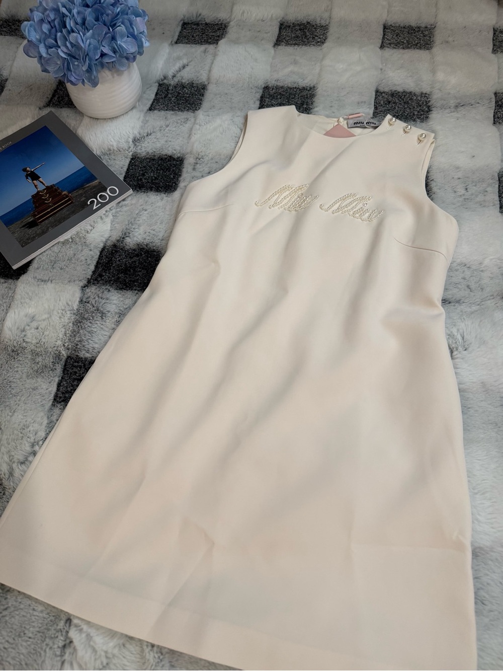 Sleeveless Cream Pearl-Accent Shift Dress